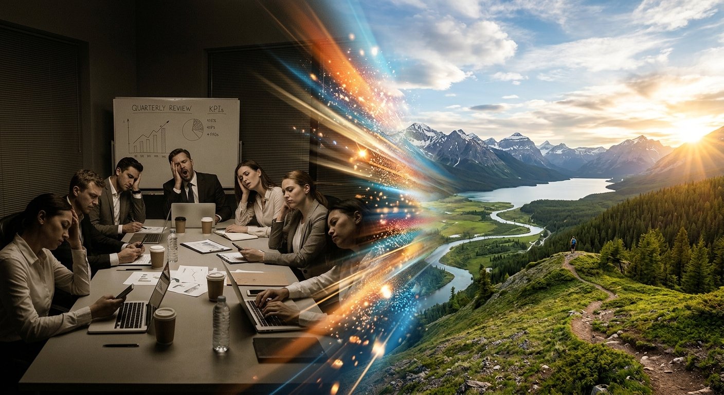Links ein müdes Team im dunklen Meetingraum vor einem Whiteboard mit „Quarterly Review“, rechts geht das Bild in eine sonnige Berglandschaft mit Fluss und einem Wanderweg über.