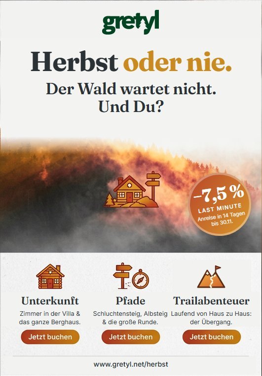Herbst oder nie. Der Wald wartet nicht. Und Du? – minus 7,5 Prozent Last Minute, Anreise in 14 Tagen, bis 30.11.: Unterkunft, Pfade, Trailabenteuer
