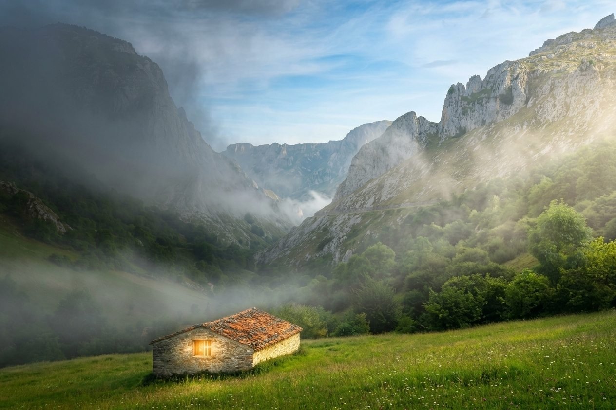 Zwei Berge, dazwischen ein tiefes Tal mit einer kleinen Steinhütte. Der linke Gipfel steckt in dunklen Wolken, der rechte liegt im Sonnenlicht. Eine goldene Spur führt vom linken Gipfel über den Grat hinab ins Tal und am rechten Grat wieder hinauf.