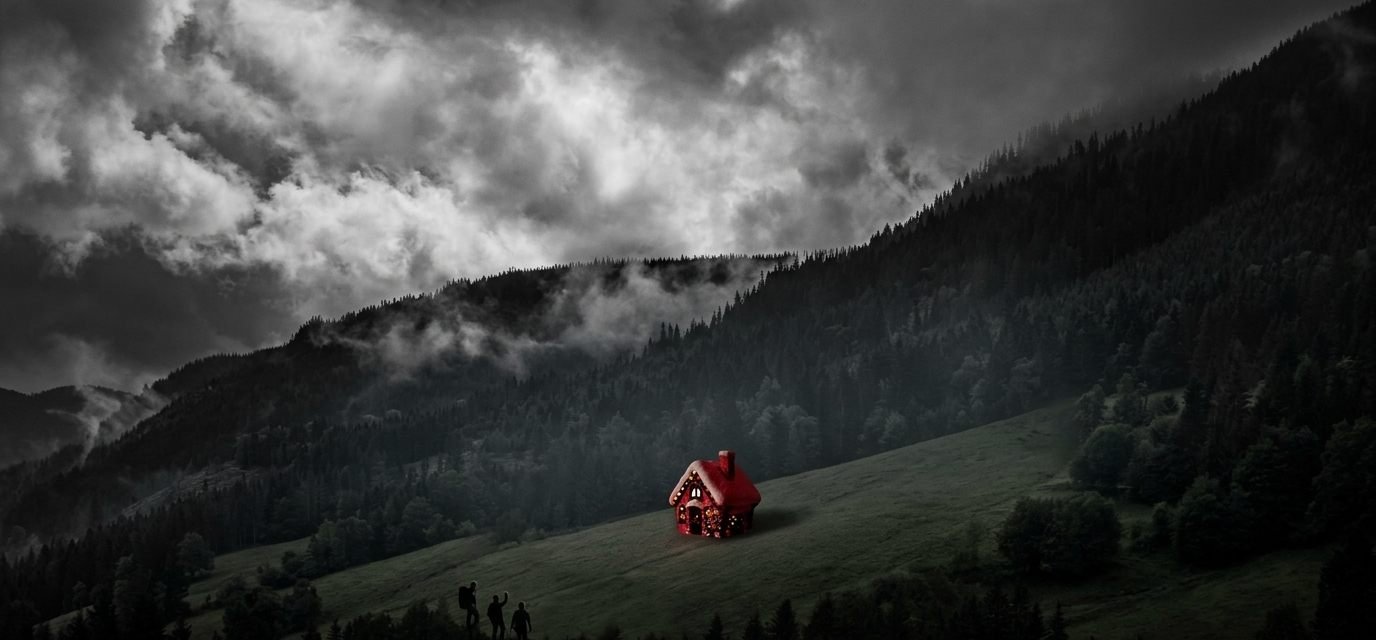 Ein rotes Haus leuchtet auf einem dunklen Berghang