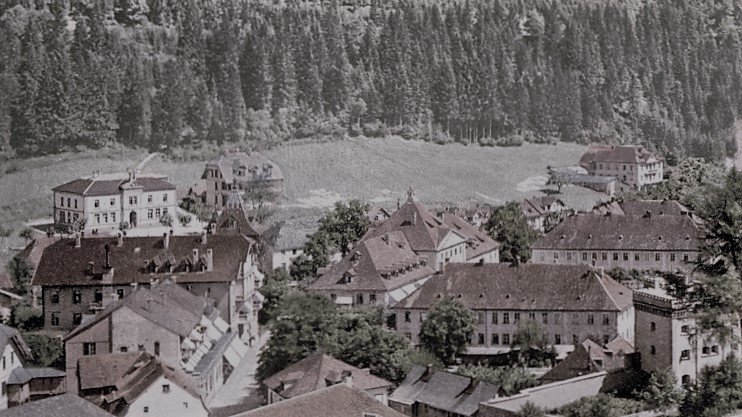 Historische Aufnahme von St. Blasien mit Wald im Hintergrund