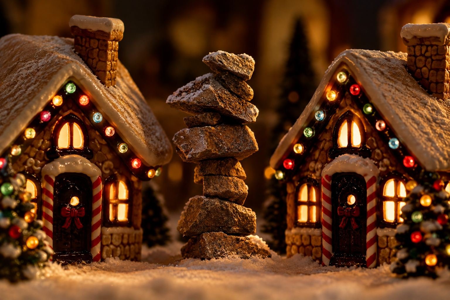 A cairn of snow-covered stones between two glowing gingerbread houses, with a dark forest behind.