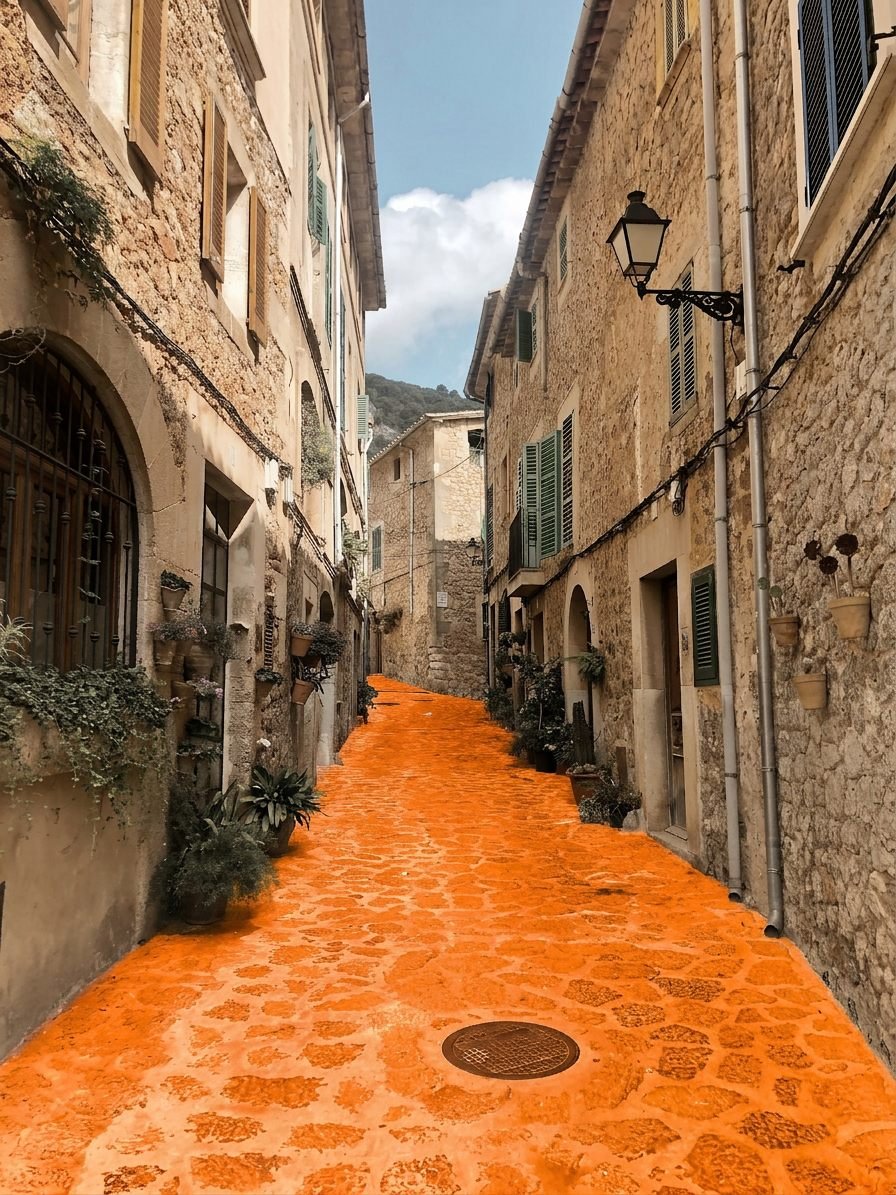 Eine Gasse in einem Bergdorf, der Pflasterweg leuchtet orange zwischen alten Steinhäusern