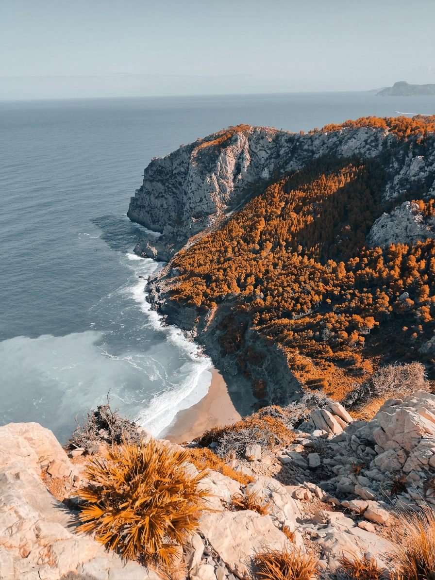 Steilküste der Tramuntana, Kiefern in leuchtendem Orange über einer kleinen Bucht