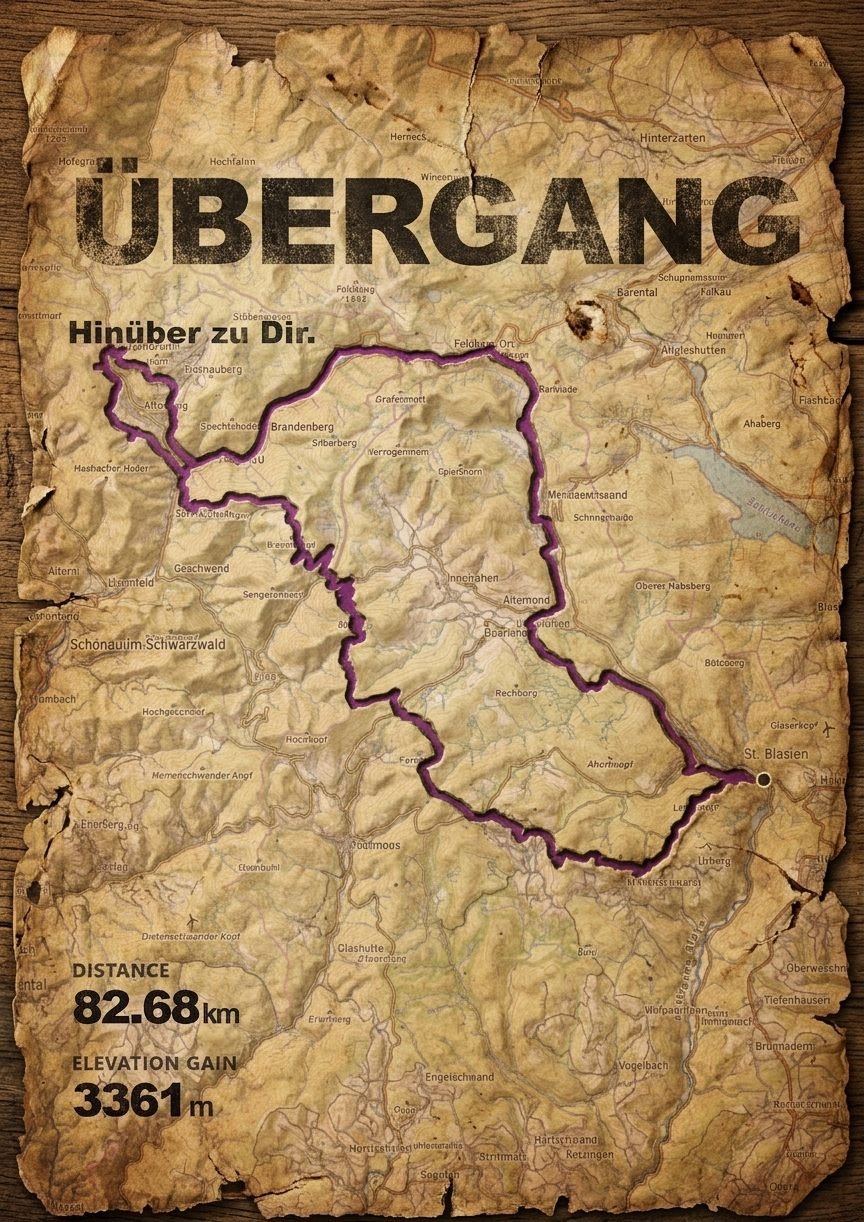 Alte Landkarte auf Holz mit der Aufschrift „Übergang – Hinüber zu Dir.“: eine violette Linie führt von St. Blasien in einer großen Runde über den Feldberg durch den Südschwarzwald und zurück
