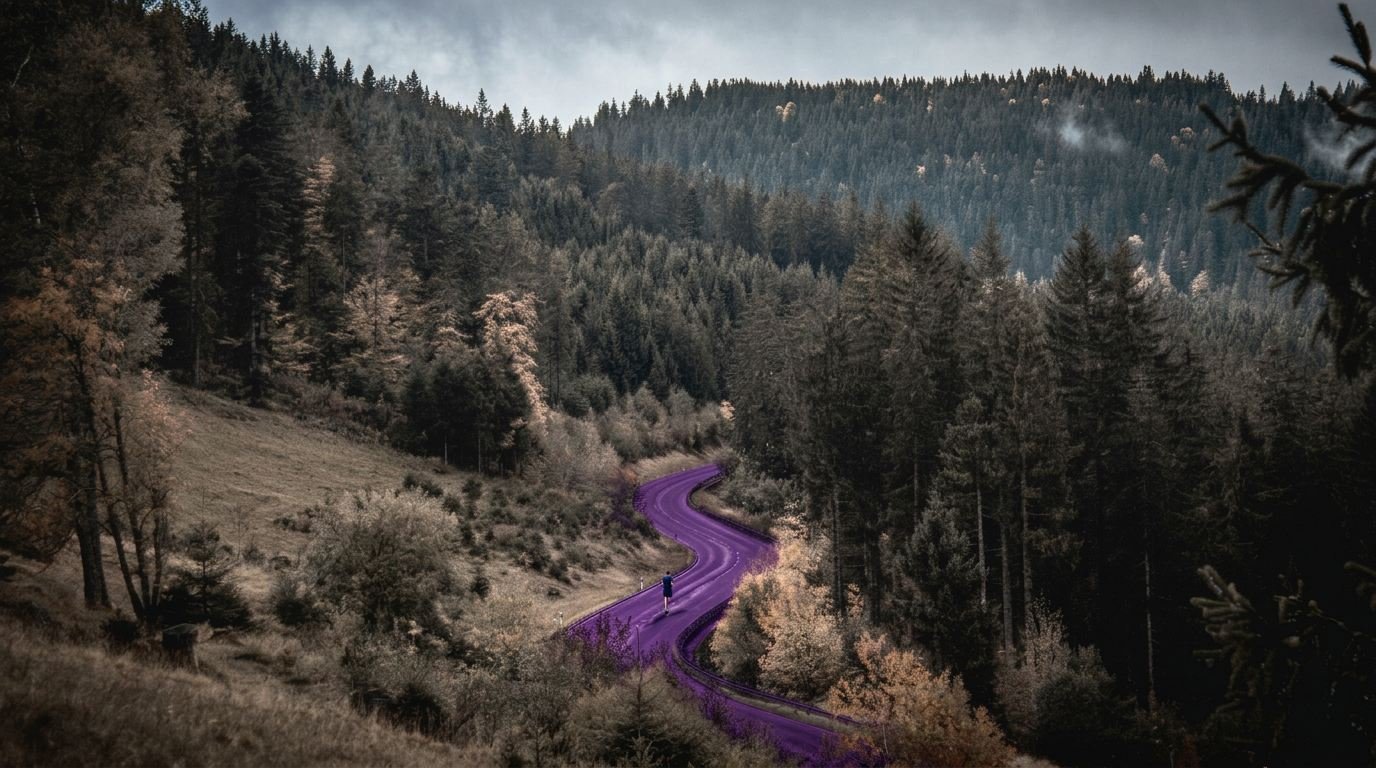 Ein violetter Trail windet sich durch ein Schwarzwaldtal zwischen dunklen Tannen, darauf klein ein Läufer